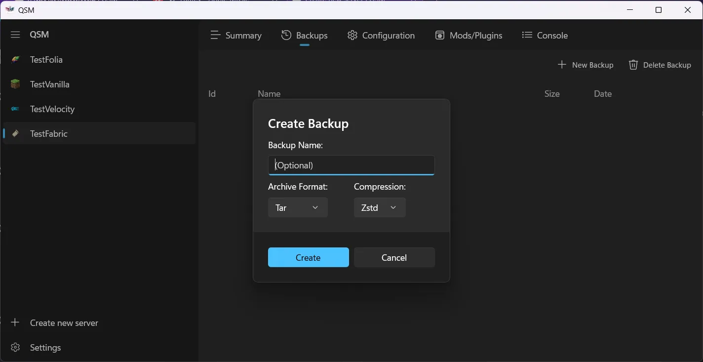 Create Backup Dialog