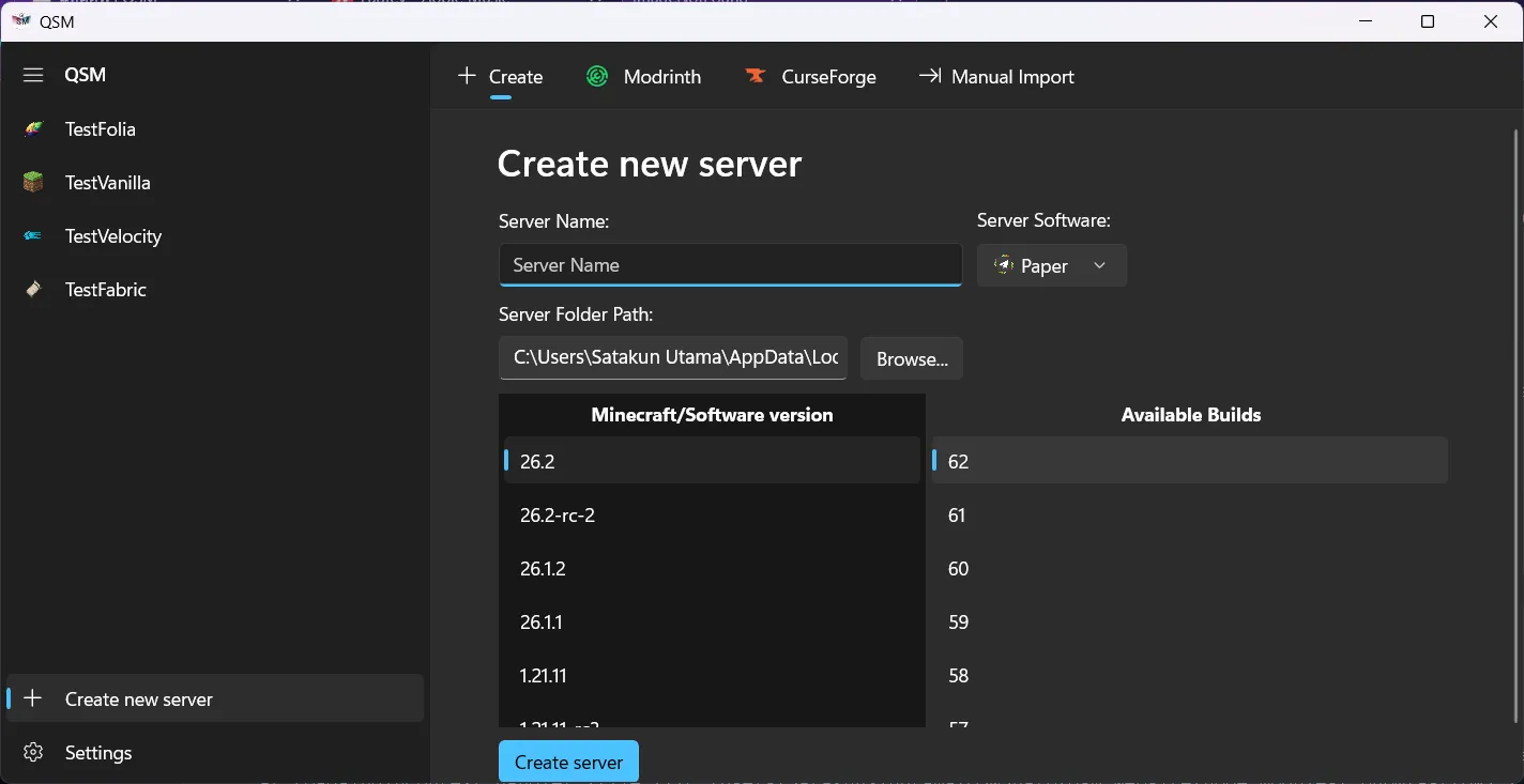 Create new server tab