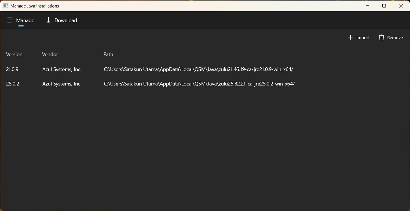 Manage Java Installs Page